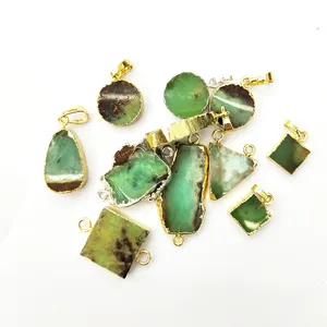 Healing crystal gemstone jewelry green jade connector pendant geometric shape chrysoprase slice stone charm diy jewelry necklace