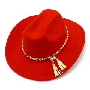10 <span class=keywords><strong>colores</strong></span> nueva moda elegante perla cadena fieltro <span class=keywords><strong>sombrero</strong></span> de vaquera mujeres ganado occidental <span class=keywords><strong>vaquero</strong></span> sombreros para mujeres - Product Image 1
