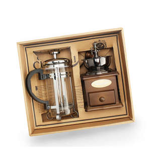 Boîte cadeau d'outils à café, café presse française Latte théière moulin à café en bois cuisine métal minimaliste Double paroi marron rond/ - Product Image 1