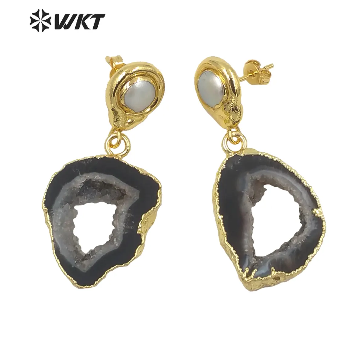 WT-E639 नई प्राकृतिक काले महिलाओं के लिए फैशन सोने electroplated असली druzy geode agate कान की बाली के साथ पत्थर लटकना कान की बाली मोती