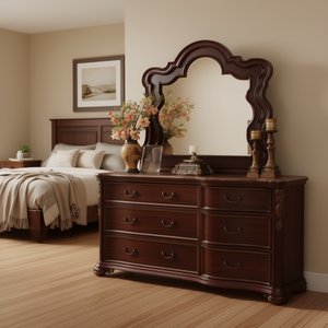 Comò Tradizionale in Legno con Specchio e 9 Cassetti, Colore Noce Scuro, Arredamento per Camera da Letto - Product Image 2