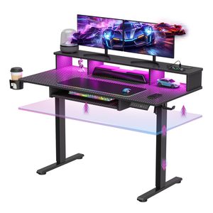 Bureau de jeu électrique SENYU à hauteur réglable avec éclairage LED, prises de courant et support d'écran flottant – Bureau informatique assis-debout - Product Image 1