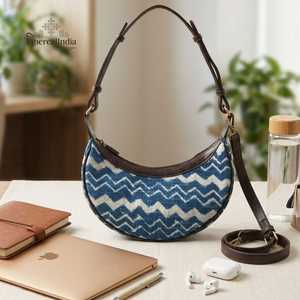 Handcrafted Chevron Crescent Bag Blue <b>Shoulder</b> Purse Half Moon Hobo Bag Boho Crossbody Bulk Export India - Product Image 3