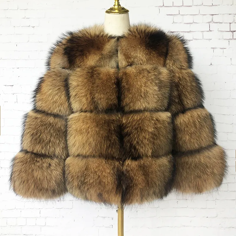 Wholesale Fashion Removable Sleeves Women Fur Jacket Fluffy Brown Natural Luxury Real Raccoon Fur Coat