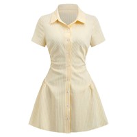 Robe Chemise Rayée Femme à Manches Courtes, Col Boutonné, Taille Cintrée, Ourlet Évasé – Style Preppy Décontracté pour l'Été, Quotidien et le Bureau