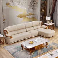 Combinación de Sofá de Cuero y Madera Uginwood de Lujo, Sofá de Madera Maciza, Muebles de Sala de Estar de Lujo Ligero