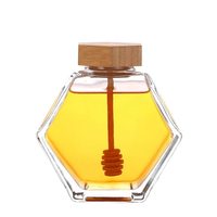 100ml/220ml/380ml 육각형 유리 꿀병 금속 밀봉 뚜껑과 나무 스푼 젓는 막대가 포함된 포장