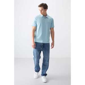 Polo en piqué de coton bleu clair pour homme, manches courtes, respirant, coupe ample, basique 88381 - Product Image 5