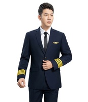 Costume d'uniforme de pilote d'avion pour homme Noir/Bleu Bandes dorées Manches longues Polyester + Viscose