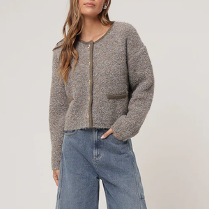 <span class=keywords><strong>Cardigan</strong></span> da <span class=keywords><strong>donna</strong></span> in maglia di Tweed <span class=keywords><strong>grigio</strong></span> con collo rotondo tascabile maglione corto con bottone frontale per un abbigliamento Casual Chic - Product Image 2