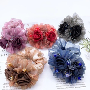 Coleta de mujer organza satén accesorios para el cabello banda rhinestone con cuentas flor diseñador círculos Rosa scrunchie crunchies lazos para el cabello - Product Image 1