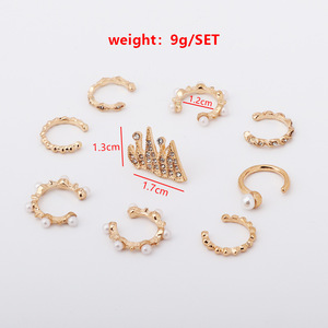 Ensemble de boucles d'oreilles à clip 9 pièces, dorées, avec perles et strass, motif couronne, bijoux de fête pour femmes, boucles d'oreilles pendantes tendance - Product Image 4