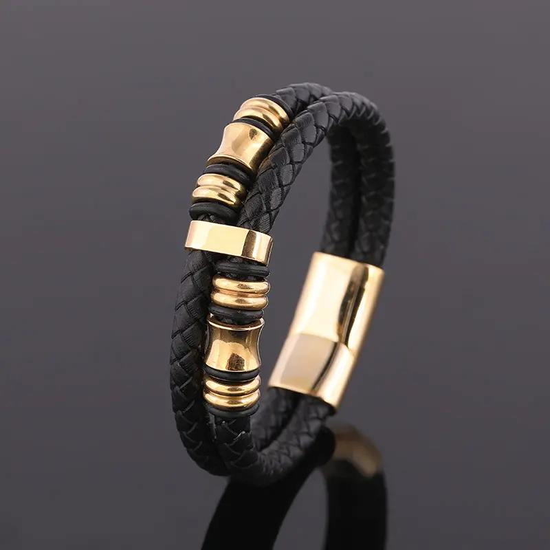 Nieuwe Collectie Heren Lederen Sieraden Dubbele Echt Leren Armband Magnetische Sluiting Mannen Armband