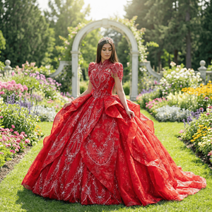 Wx75 Red Quinceanera Party Ball Gown 15 Year Old Dresses Vintage Chapel Train 100% Polyester for - Product Image 1