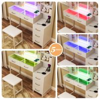 Coiffeuse avec miroir et éclairage, 43 pouces, plateau en verre, lumière d'ambiance RVB, 5 tiroirs, prise électrique, chaise