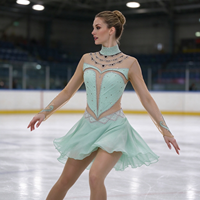 Robe de patinage vert menthe à col montant, manches longues en maille nude et strass pour enfants et adultes, idéale pour la compétition et les spectacles