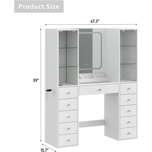 Coiffeuse compacte moderne avec miroir LED, lumières réglables, 10 tiroirs de rangement pour l'organisation de petites chambres, en bois - Product Image 4