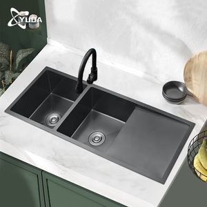YUDA grand Nano <span class=keywords><strong>noir</strong></span> en acier inoxydable fait à la main comptoir sous le comptoir <span class=keywords><strong>Double</strong></span> bol évier de cuisine avec plateau - Product Image 3