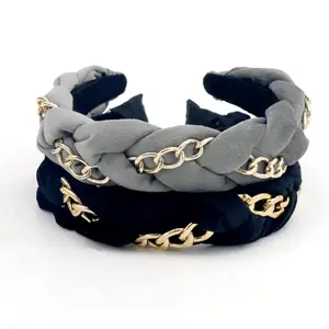 Hairband Wholesales Women Headband Braid Velvet Fabrics Hairband Gold Chain Girl Headband