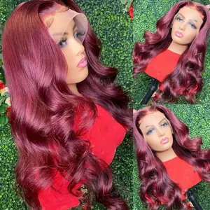 99j Bordeauxrood Gekleurd 13X4 Rood Menselijk Haar Kant Pruik Groothandel Maagdelijke Cuticula Uitgelijnd Haar Remy Braziliaanse Body Wave Lace Pruiken