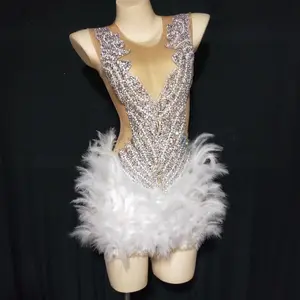 Novance Y2036-B Clothing Suppliers China Sparkly Sequin Appliqued Performance Wear For Women Sexy Mini Club Dress With Feathers