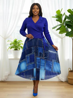 Robe midi plissée à manches longues et devant croisé pour femme, dernière tendance, 100 % polyester, imprimé patchwork denim, élégante pour le bureau ou les soirées