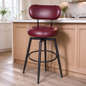 Taburete de <span class=keywords><strong>Bar</strong></span> Giratorio Color Vino Tinto, Respaldo Redondeado, Cojín Grueso Redondo, Patas de Metal, Reposapiés Circular para Muebles de <span class=keywords><strong>Terraza</strong></span> de Cafetería - Product Image 2
