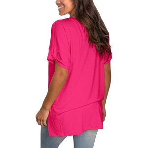 Camiseta de Cuello en V para Mujer, Casual, Manga Corta Enrollada, Abertura Lateral, Corte Holgado, Top de Verano, 100% Algodón Jersey - Product Image 3