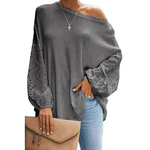Vestidos de encaje de retazos de manga larga para mujer, Tops sueltos de punto a la moda, 2021 - Product Image 1