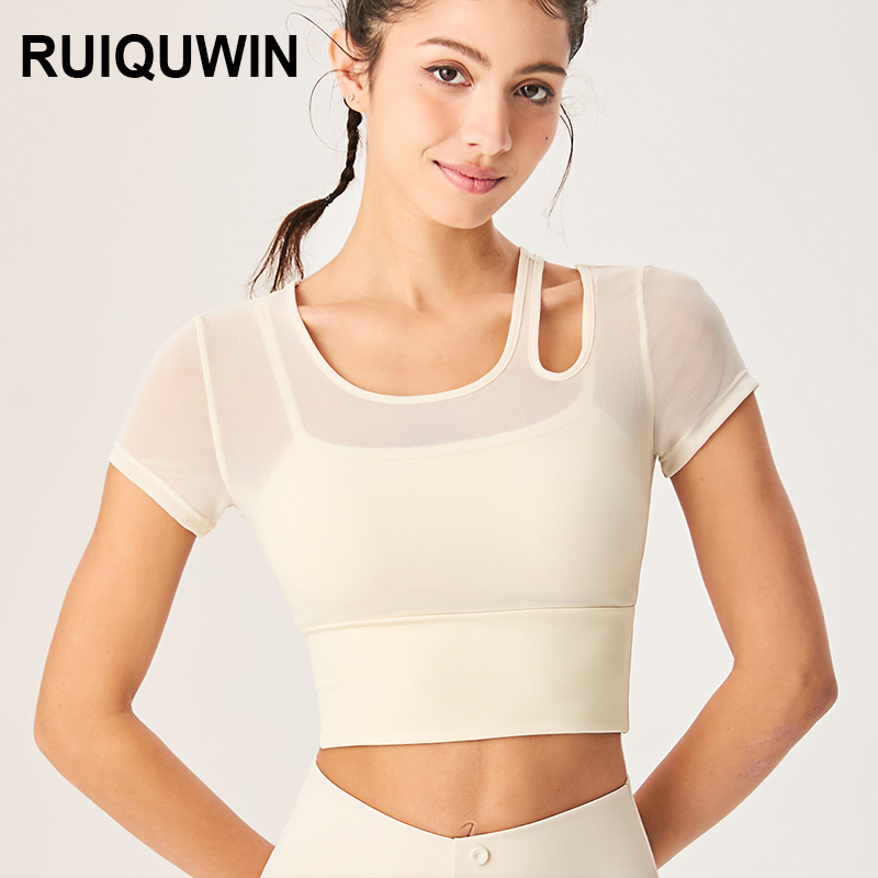 RUIQUWIN Wholesale Women's Fitness Yoga Wear Mesh Fabric Breathable Sports Short-Sleeved Asymmetrical Cutout Yoga T Shirts