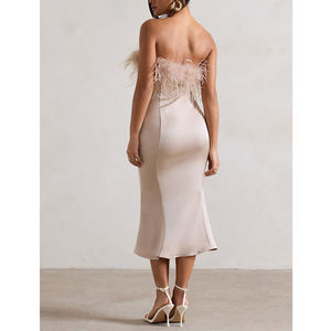 Personalizado de alta calidad sin mangas champán satén pluma ajuste <span class=keywords><strong>Midi</strong></span> <span class=keywords><strong>vestido</strong></span> de avestruz Bodycon mujeres <span class=keywords><strong>Midi</strong></span> <span class=keywords><strong>vestido</strong></span> - Product Image 4