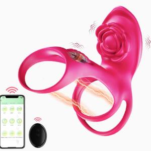 Anneau vibrant en silicone à trois sections en forme de rose avec télécommande par application, design unisexe et étanche - Product Image 4