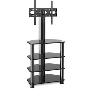 Slim Corner Entertainment Floor TV Mount with 4-Tier Tempered Glass Media Shelves, Height Adjustable and Cable Management Stand
