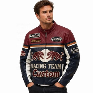 OEM Top Grain Cowhide Moto Racer Jacket Custom Dual Leopard Symmetrical Graphic Applique Embroidery Patch Leather Racing Jacket
