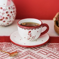 Service de table en céramique Pâques : Bol, tasse et assiette à dessert à motif floral rouge en relief pour la décoration de la table à la maison