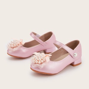 Chaussures <span class=keywords><strong>de</strong></span> <span class=keywords><strong>princesse</strong></span> pour filles en cuir PU avec perles, fleurs et nœuds, fermeture Velcro, talons compensés discrets en caoutchouc pour augmenter la hauteur - Product Image 3