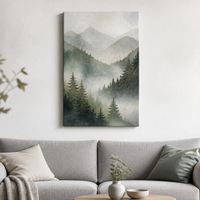 Impression sur toile abstraite de forêt de montagnes brumeuses avec des arbres de pin, art mural suspendu pour le salon et la décoration d'hôtel, taille personnalisable