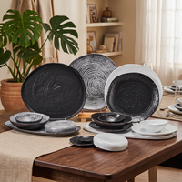 ST Wholesale Ensemble de vaisselle en céramique et porcelaine à glaçure réactive noir et blanc contrastant, assiettes à dîner, assiettes à dessert, pour la restauration, gain de place