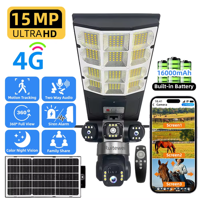 4G Solar CCTV Camera 15MP LED Street Light Built-in Battery 360 View Remote Control Auto Tracking Two-Way Audio for Outdoor