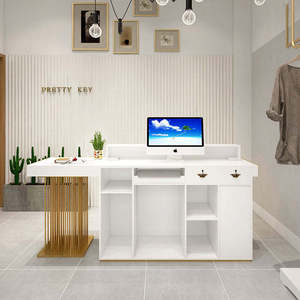 Modern <b>Solid</b> <b>Wood</b> Front <b>Desk</b> Counter Gold-plated Logo LED Light Adjustable Reception <b>Desk</b> for Hotel Gym Hospital Supermarket - Product Image 2