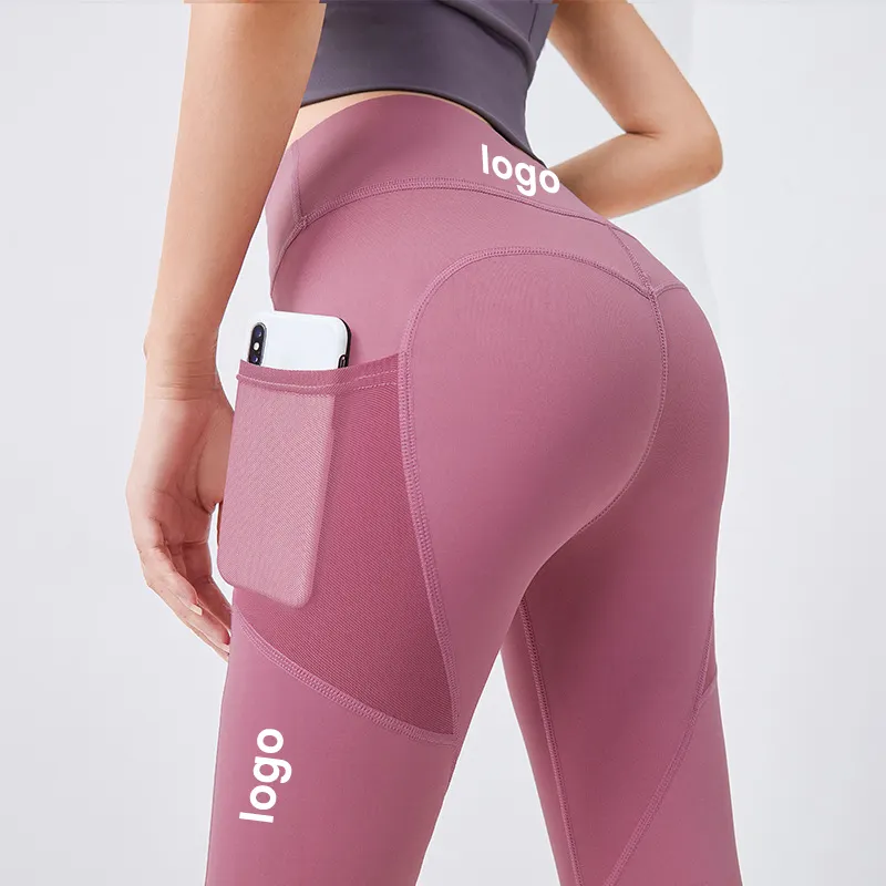 Karın naylon spandex Fitness salonu Push Up popo kaldırma yüksek bel örgü tayt cep ile kadınlar için Yoga pantolon cep