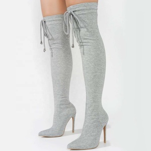 Women Stretch Over Knee High Boots Casual Stiletto Pointed Toe Front Lace up Elastic <b>Shoes</b> Leisure Long Booties - Product Image 1