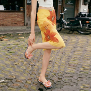 2026 Summer New Floral Print Contrast Color Mesh <b>Patchwork</b> Slim Fit Bodycon Breathable Soft Casual Knee-Length <b>Skirt</b> - Product Image 3