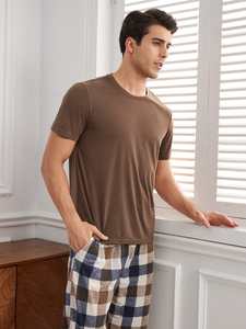 Top estivo a manica corta <span class=keywords><strong>da</strong></span> <span class=keywords><strong>uomo</strong></span> in <span class=keywords><strong>pigiama</strong></span> di cotone Plaid pantaloni <span class=keywords><strong>da</strong></span> salotto pigiami in bambù per <span class=keywords><strong>uomo</strong></span> - Product Image 6