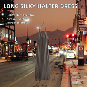 Robe longue élégante en satin à col halter et laçage, couleur unie, sans manches, coupe ajustée, ourlet droit, idéale pour les soirées, pour femme - Product Image 2
