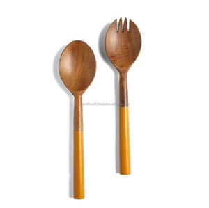 Modern Design Resin & <b>Wood</b> Wedding Salad Serving Spoon Fork Set with Mirror Polish Gold Plated Long Handle for Modern Kitchen - Product Image 1