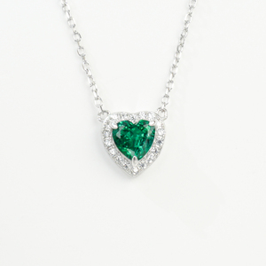 925 Sterling Silver Heart Cut Lab Created <b>Emerald</b> <b>Pendant</b> Necklace, Halo with Diamond Accents Fine Jewelry for Women - Product Image 1