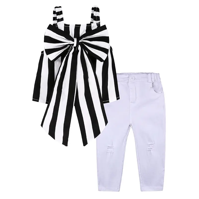 Girls Set Kids Big Bow Tops White Ripped Jeans 2pcs Summer Stripes Ribbon Fashion Pants Children's Clothes
