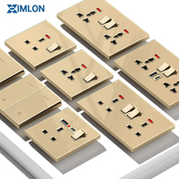 Prise murale XIMLON en verre trempé doré, norme britannique 13A, type 86, avec charge rapide USB Type-C, 250V, interrupteur UK, 5 prises