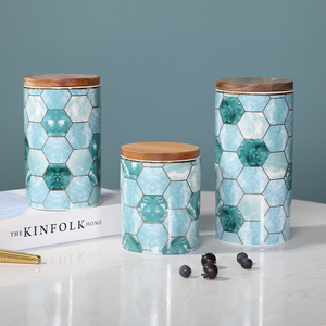 Toples penyimpanan keramik Modern, wadah teh gula kopi, Organizer rumah dengan tutup kayu - Product Image 2